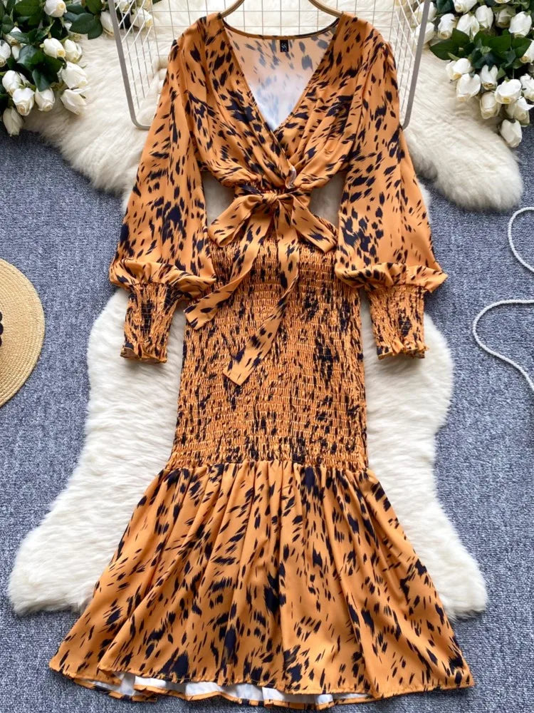 Women Casual Vintage Print Ruffle Long Dress Autumn Elegant V Neck Lantern Sleeve Party Mermaid Dresses Holiday Female Mujer New