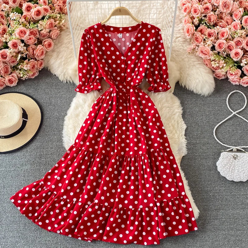New Summer Women's Fashion Vintage Polka Dot Midi Dress Elegant and Chic A-Line Party Casual White Black Vestidos Female Robe