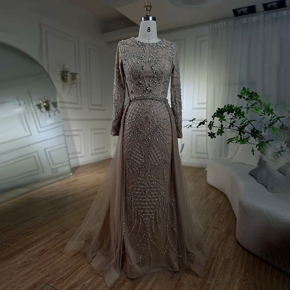 Serene Hill Muslim Silver Nude Mermaid Gown with Detachable Overskirt Beaded Evening Dress for Women Wedding Party 2024 LA71919