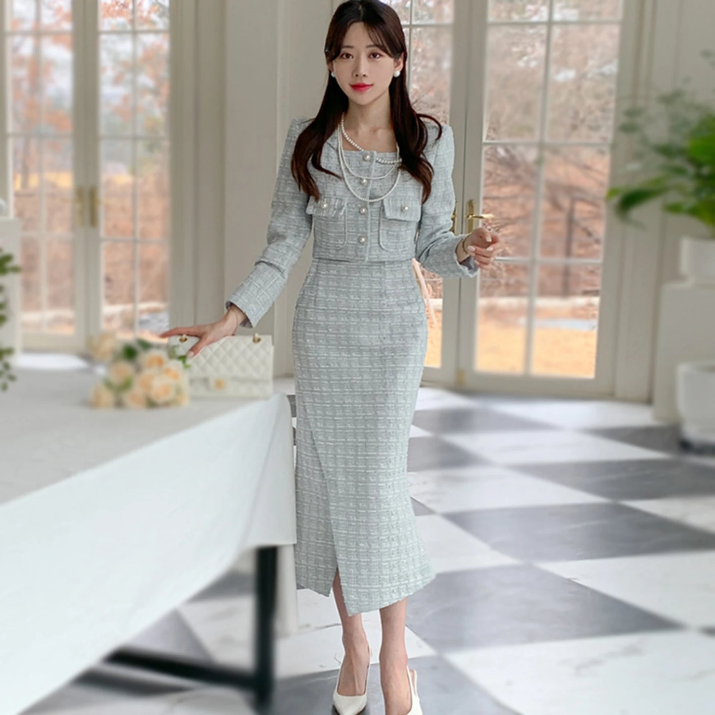 Vintage Tweed 2-piece Spring Autumn Women’s Elegant Two Pieces Set Pearl Buckle Cropped Coats+Pencil Skirt Small Fragrant Suits