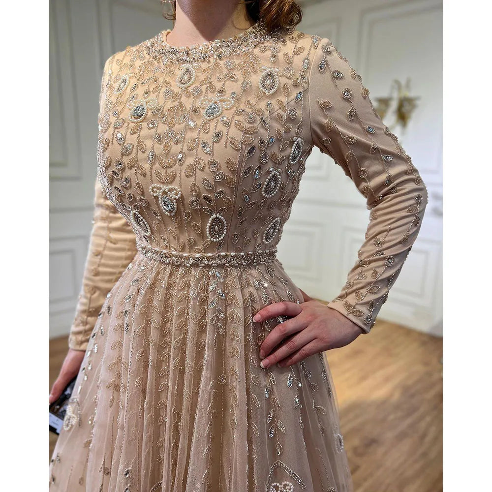 Serene Hill Peach Long Sleeves A-line Muslim Evening Dresses Luxury Beaded Dubai Wedding Party Gowns 2024 For Women GLA71803C