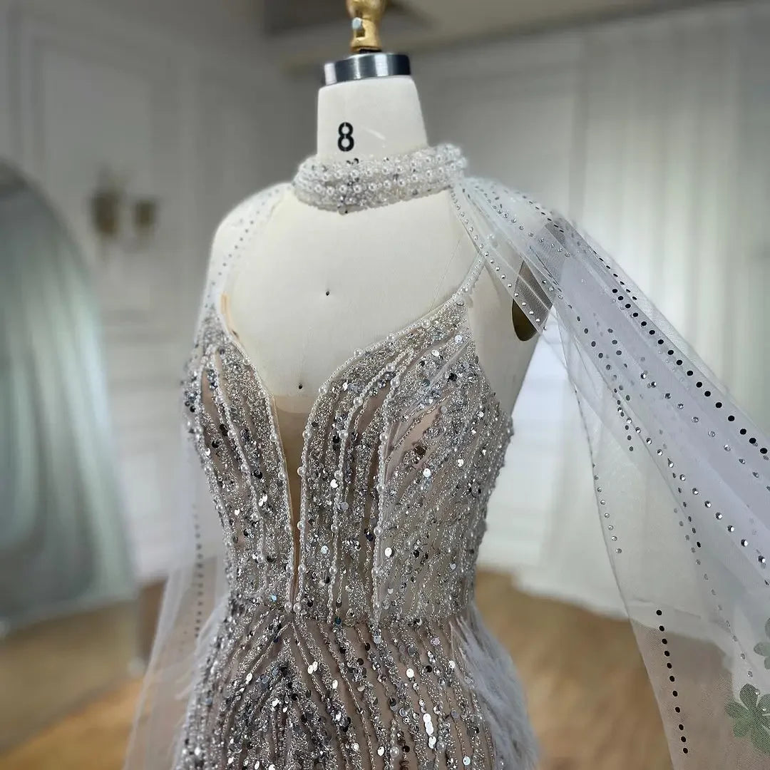 SERENE HILL 2024 White Nude Mermaid Beaded Feathers Luxury Evening Dresses Midi Gown With Cape For Women Wedding Party GLA72047A