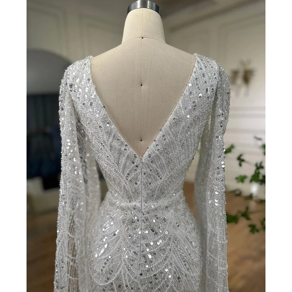 Serene Hill Arabic White Luxury Pearls Beaded Mermaid Cape Sleeves Evening Gowns 2024 For Women Wedding Party LA72160