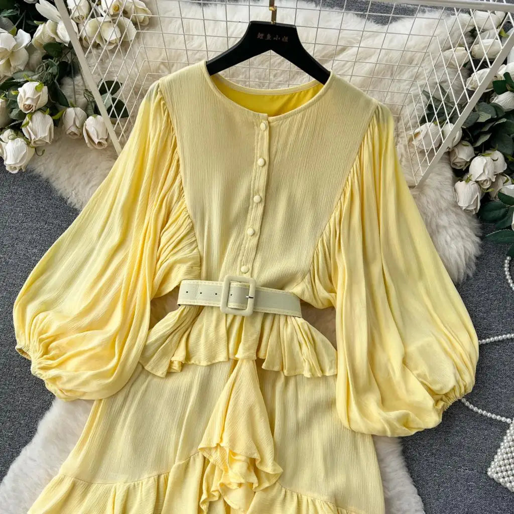 Vintage Puff Sleeve Ruffle Dress Women O-Neck A-Line Elegant Casual Party Prom Dresses Korean Autumn Fashion Female Vestidos New