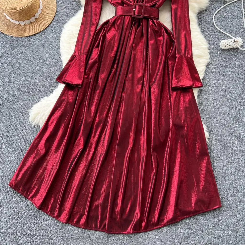 Autumn Vintage Pleated Women Long Dress Elegant Stand Collar Solid A-Line Party Prom Vestidos Female Birthday Clothes Mujers