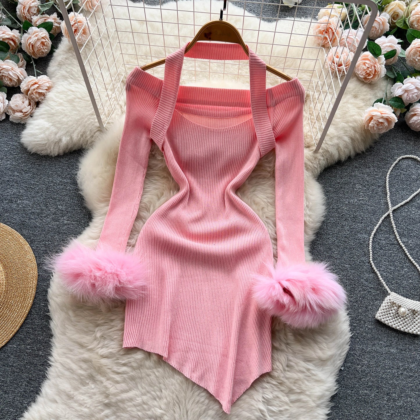 Chic Sexy Halter Bandage Irregular Bodycon Dress Fluffy Long Sleeve Knit Birthday Dress Autumn Winter Pencil Sweater Vestidos