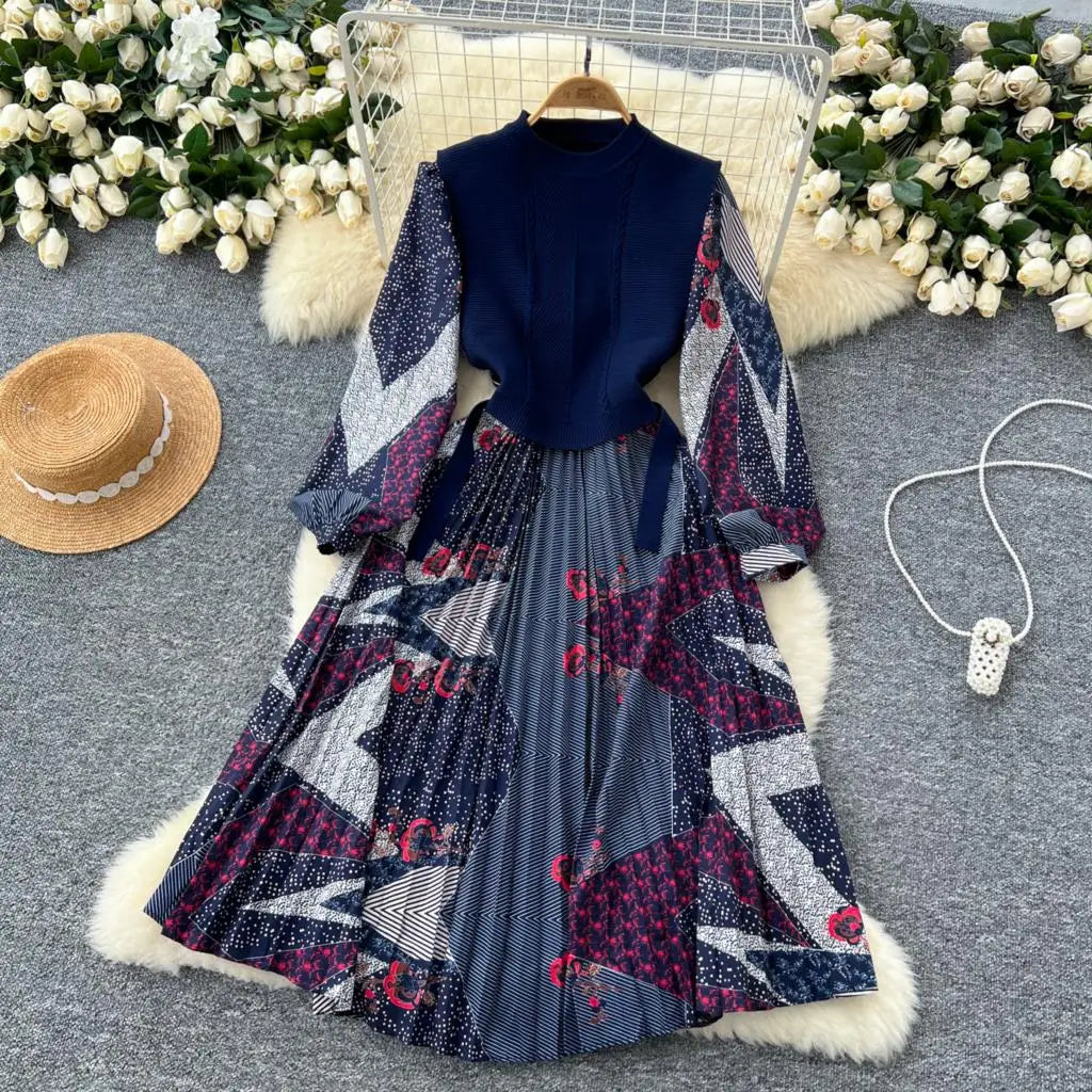French Vintage Patchwork Print Knitted Dress Elegant and Chic Boho Beach Holiday Dresses A-Line Slim Waist Pleated Vestidos New