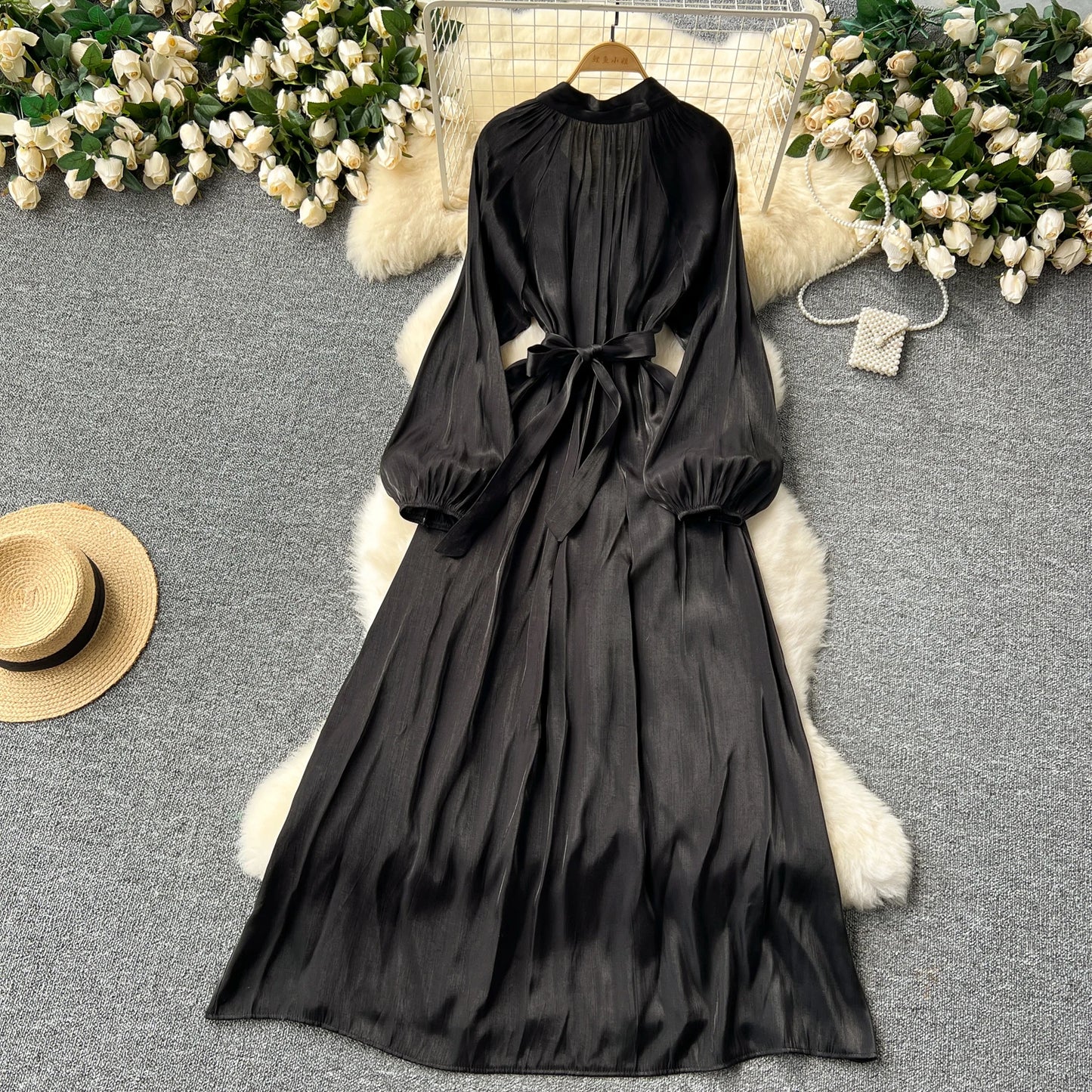 French Vintage Pleated lool sleeve print Lace-up Bow sweet Dress Casual Women Fashion summer dresses