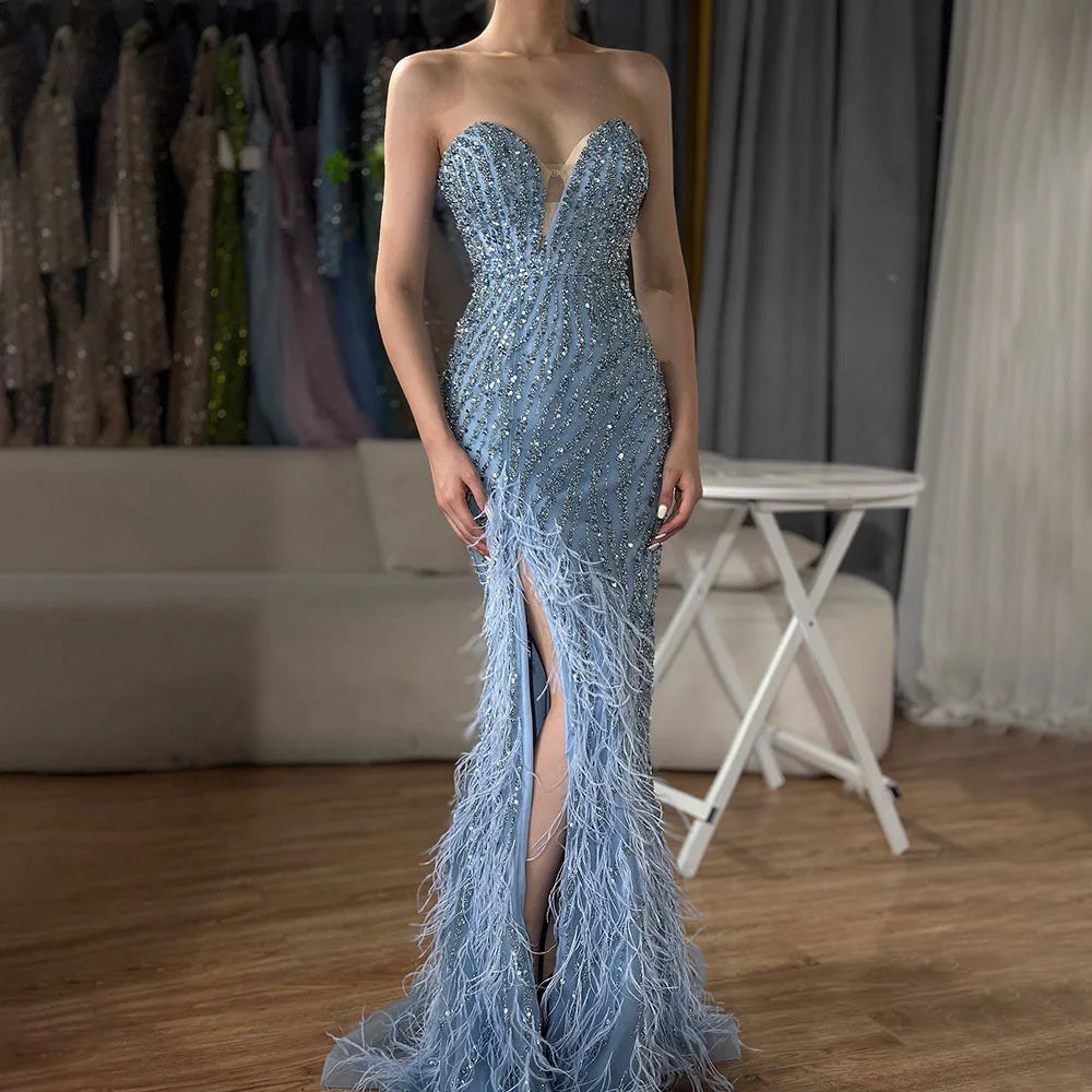 Serene Hill 2024 Arabic Strapless Blue Beaded Feathers Luxury Dubai Evening Gowns with Side Skirt for Women's Party LA72695