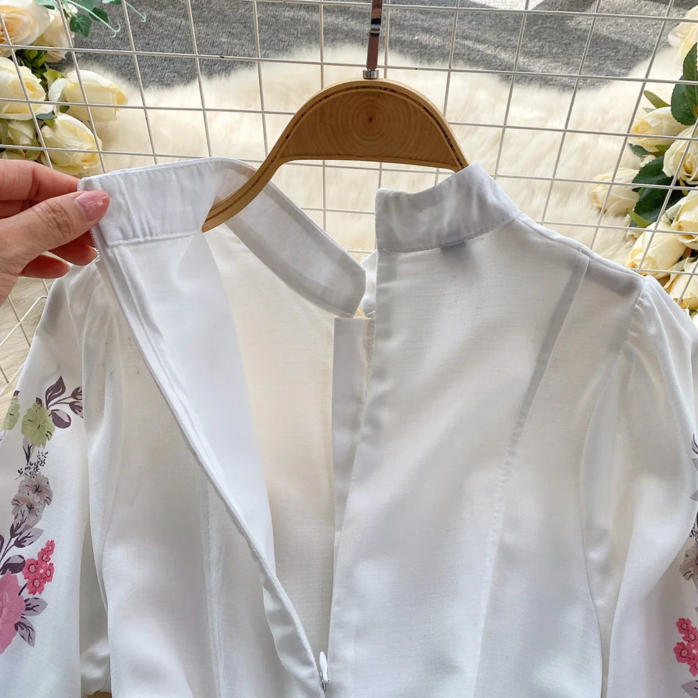Spring Clothes For Women Vintage Floral Print Dress Stand Collar Long Sleeve Mini Dress With Belt Wedding Elegant Party Dresses