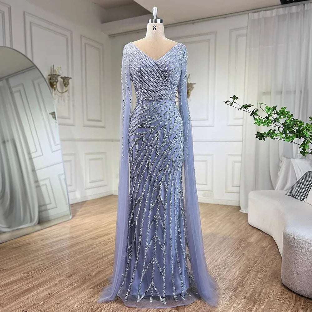 SERENE HILL 2024 Arabic Dubai Caramel Mermaid Luxury Beaded Evening Dresses Cape Sleeves Gowns For Women Wedding Party GLA71493A