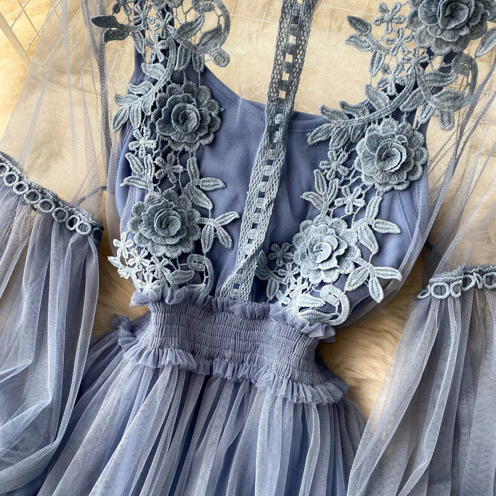 Retro Elegant Mesh Pleated two pieces Dress sets Sexy Fairy puff sleeve Summer Casual Vestidos Slim Women Evening Party Dress