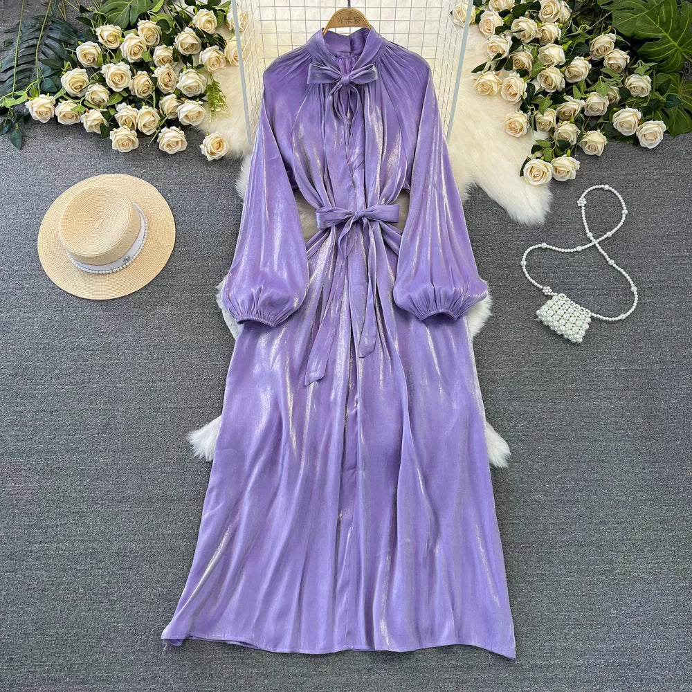 Autumn Elegant Women Fashion Party Long Dress Bow Lace Up Long Sleeve Evening Dresses A-Line Casual Vestidos One Piece Prom Robe