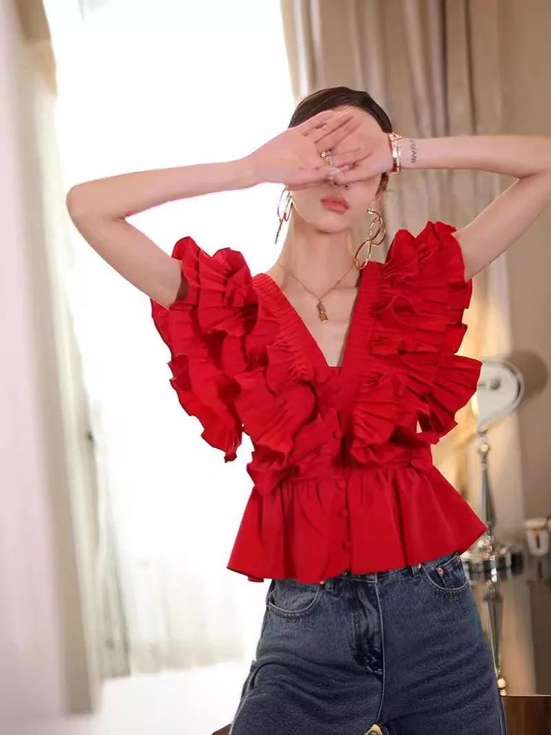 French Elegant Ruffle Edge Pleated Chiffon Short Shirt Top Women's Summer Fashion Sleeveless V-neck Single breasted Red Blouse