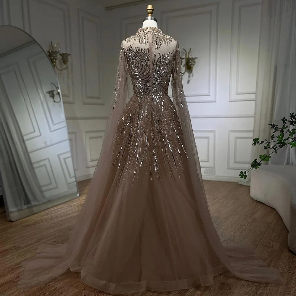 Serene Hill Caramel Luxury Evening Dresses with Cape Sleeves A-Line Beaded Lace Gown For Women's Wedding Party 2024 LA72386