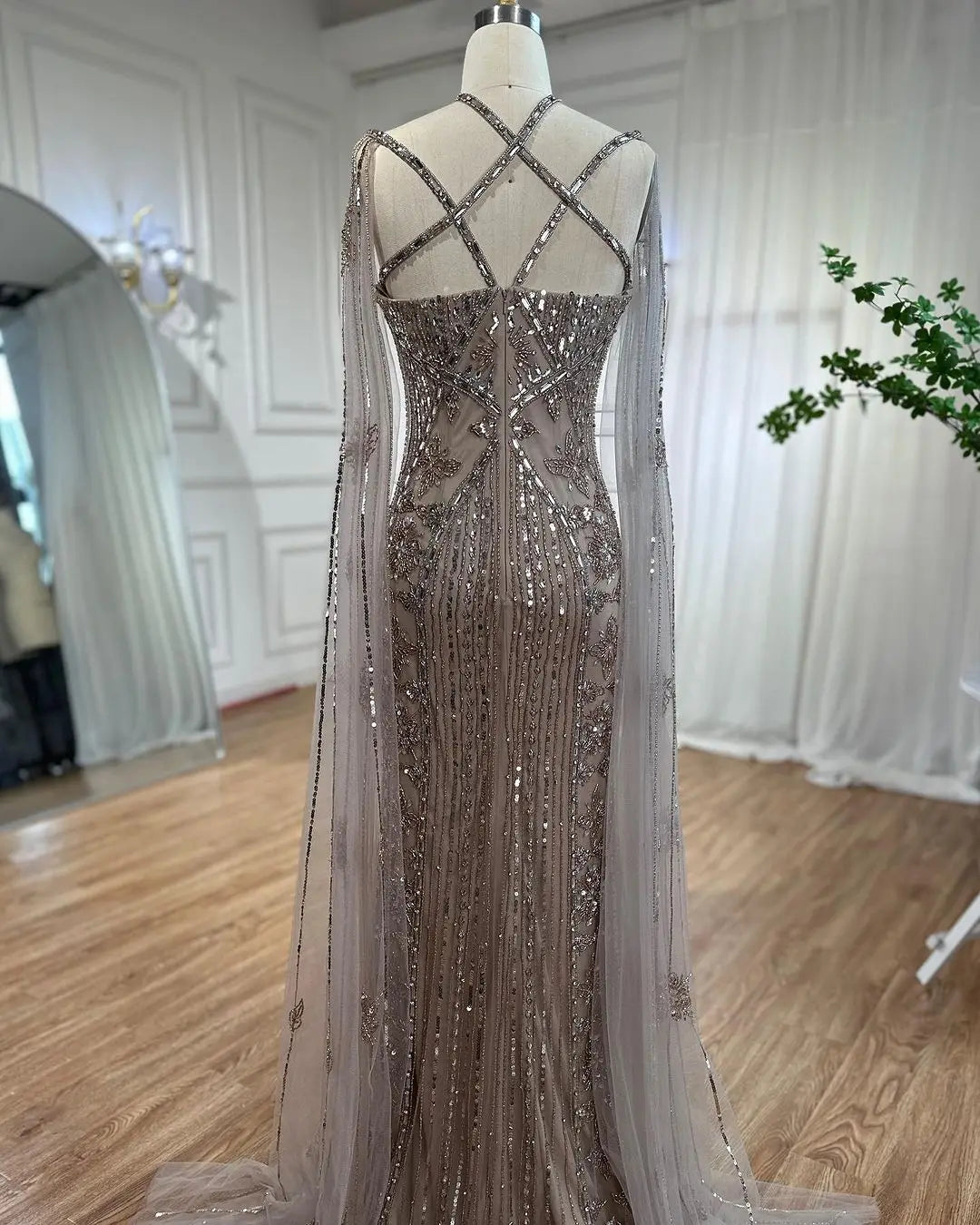 SERENE HILL Arabic Caramel Mermaid Elegant Cape Sleeves Beaded Luxury Evening Dresses 2024 Formal Gown For Women Party GLA71905A
