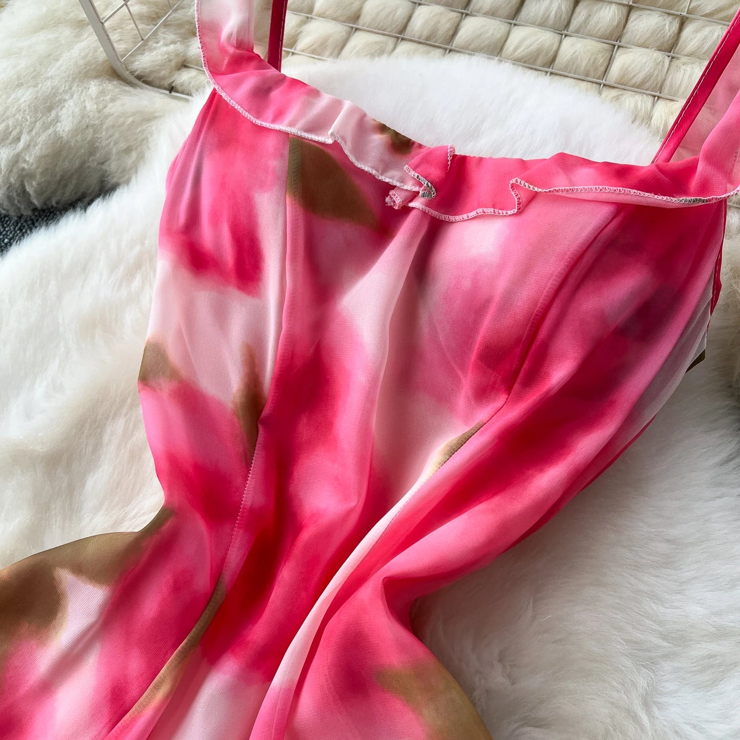 French Elegant Beach Dress Women Rose Print High Waist Chiffon Dresses Ladies Sleeveless Slim A-line Boho Long Robe Vestidos