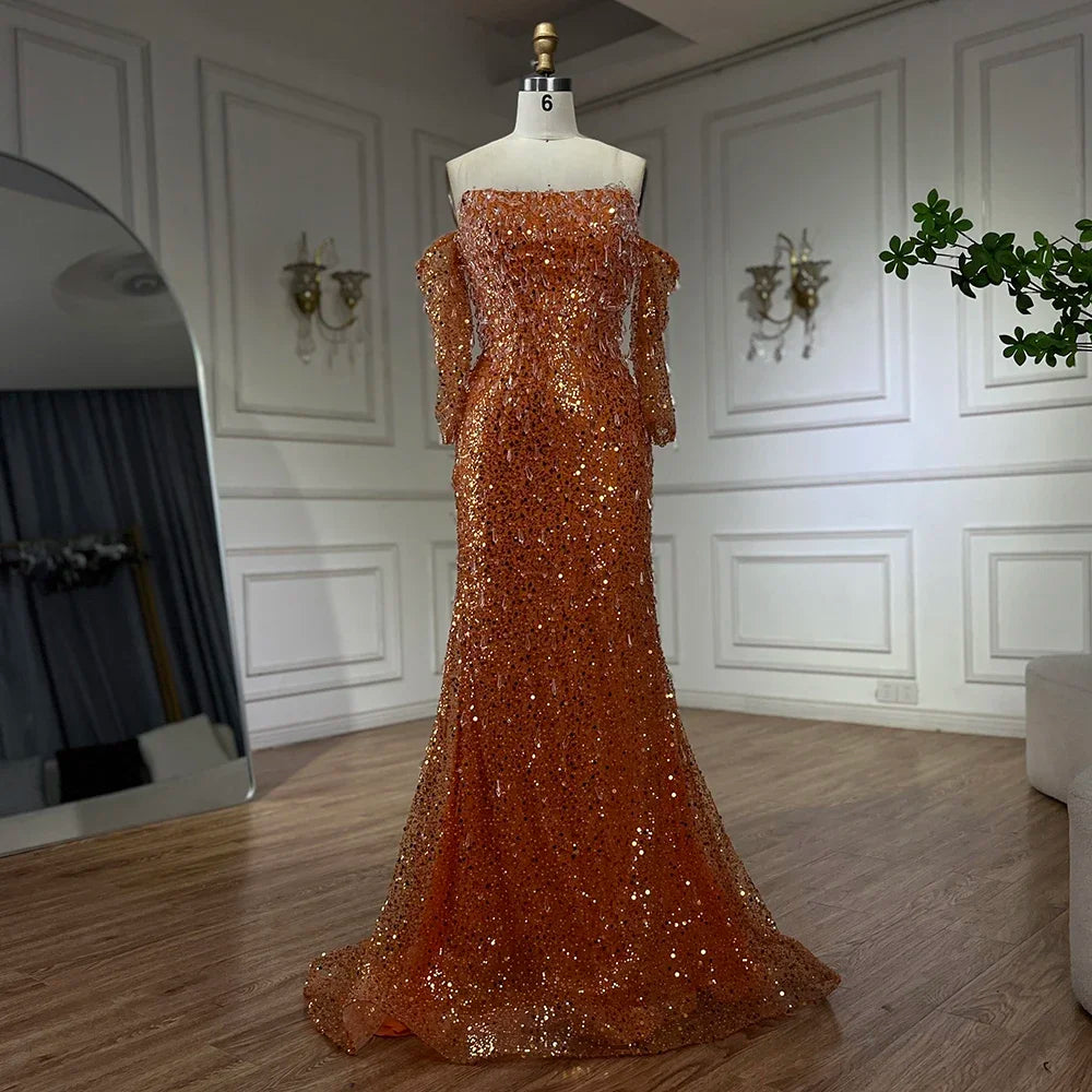 Serene Hill Arabia Orange Mermaid Strapless Luxury Beaded Crystal Evening Dresses Gowns for Women Wedding Party 2024 GLA72402