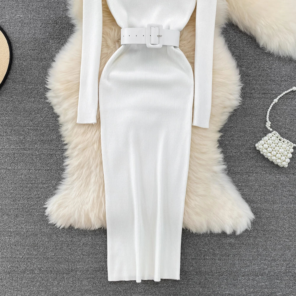 Elegant Turtleneck Long Sleeve Knit Soft Tight Pencil Dress with Belt Slim Fashion Warm Sweater Vestido Sexy Women Winter Robe