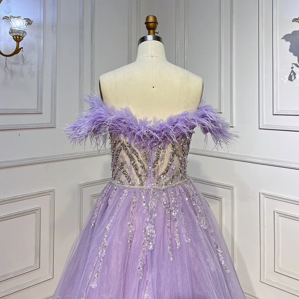 SERENE HILL 2024 Blue Feather Mermaid Luxury Beaded Evening Dresses Overskirt Formal Pink Gowns For Women Wedding Party GLA72061