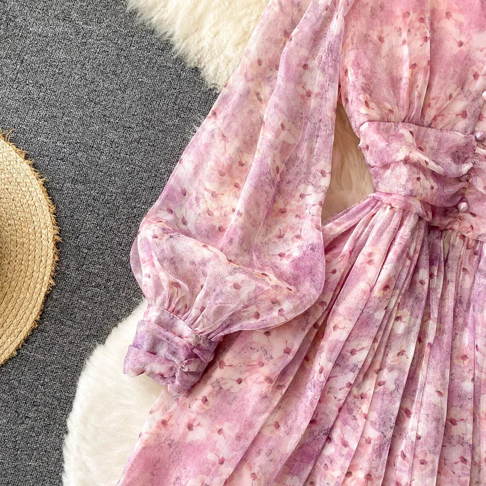 Vintage Floral Print Pleated Elegant Puff Sleeve Dress A-line Chiffon Beach Vacation casual Dress Women Summer Spring Vestidos