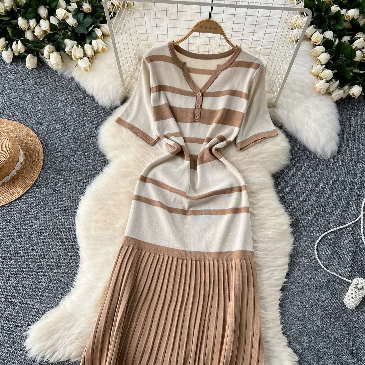Sexy Chic short sleeve PATCHWORK v-Neck Striped Knit Dress Elegant Fashion Party Slim Summer A-line sweet dresses