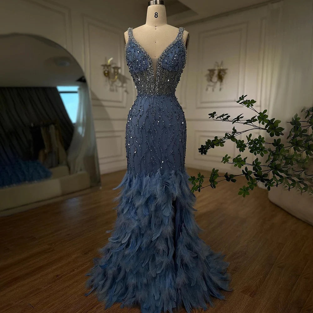 Serene Hill Pink Mermaid High Split Luxury Evening Dresses Feather Beaded Gowns Long 2024 For Women Wedding Party LA72152