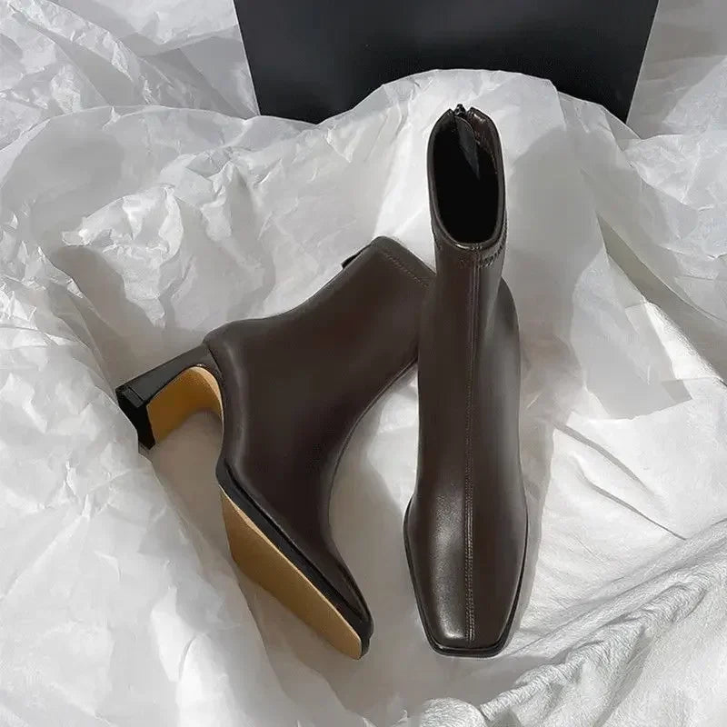 Brown Short Boots Women High Heel Autumn/winter New Style Thick Heel French Style Ankle Boots Zipper Square Versatile Slimming