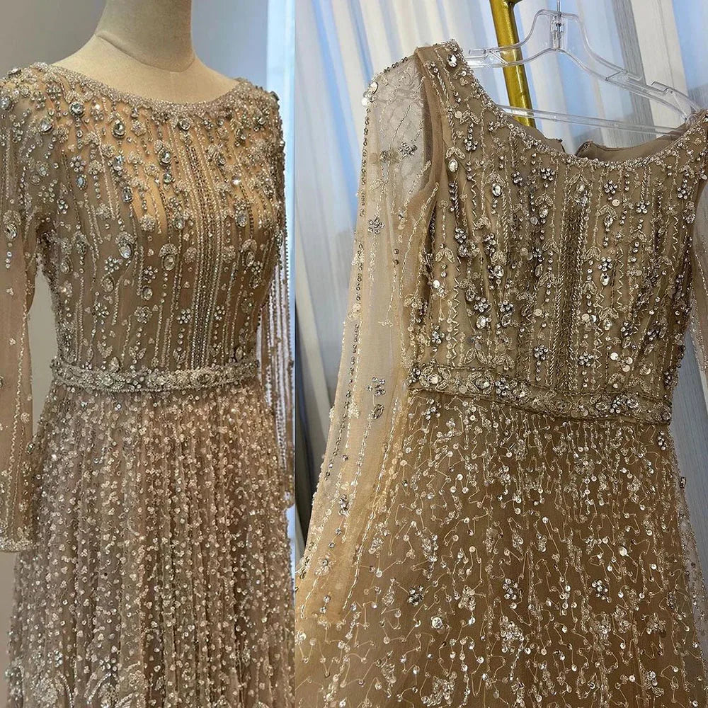 Serene Hill Dubai Arabic Designer Luxury Nude A Line Beaded Evening Dresses Gowns For Formal Occasion 2024 LA72088