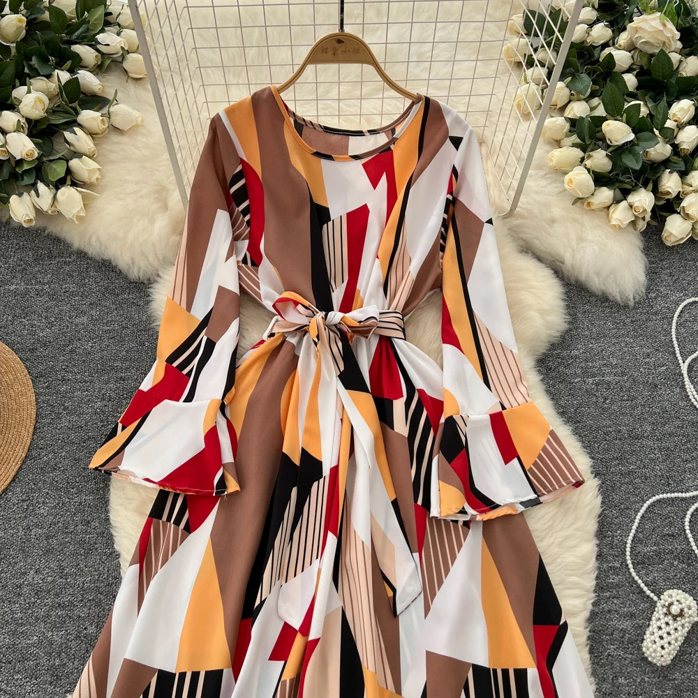 Women Vintage Print Dress for Women Autumn Flare Long Sleeves Lace Up Ruffles Slim Waist Evening Party Dresses A-Line Vestidos