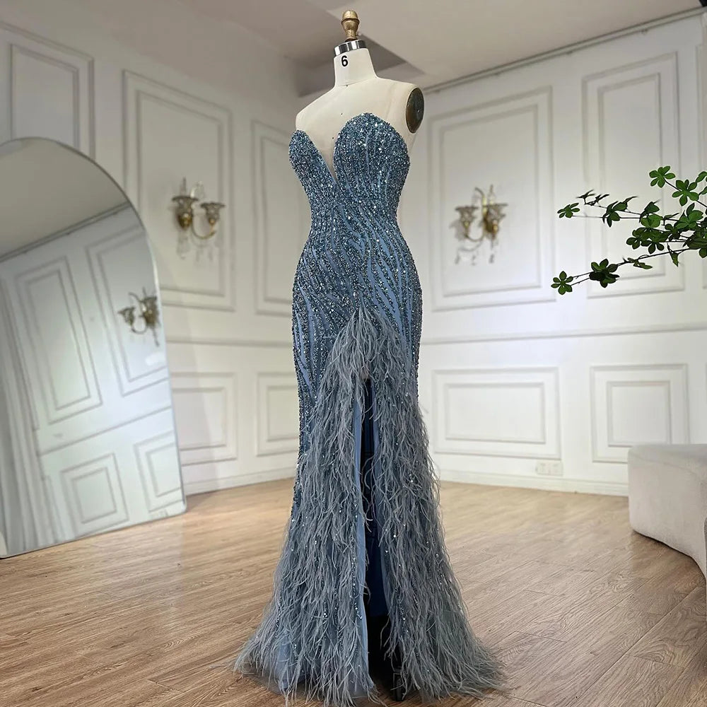 Serene Hill 2024 Arabic Strapless Blue Beaded Feathers Luxury Dubai Evening Gowns with Side Skirt for Women's Party LA72695
