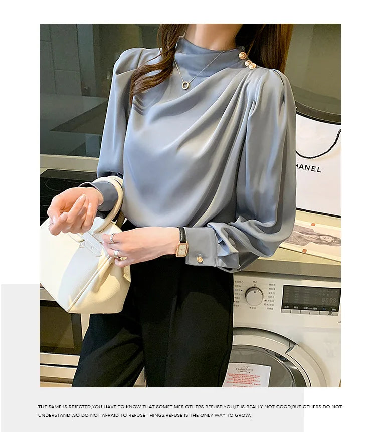 Autumn New Women's Style Stand up Collar Pleated Long Sleeve Top Fashion Lantern Sleeve Loose Elegant Solid Color Shirt Blouse