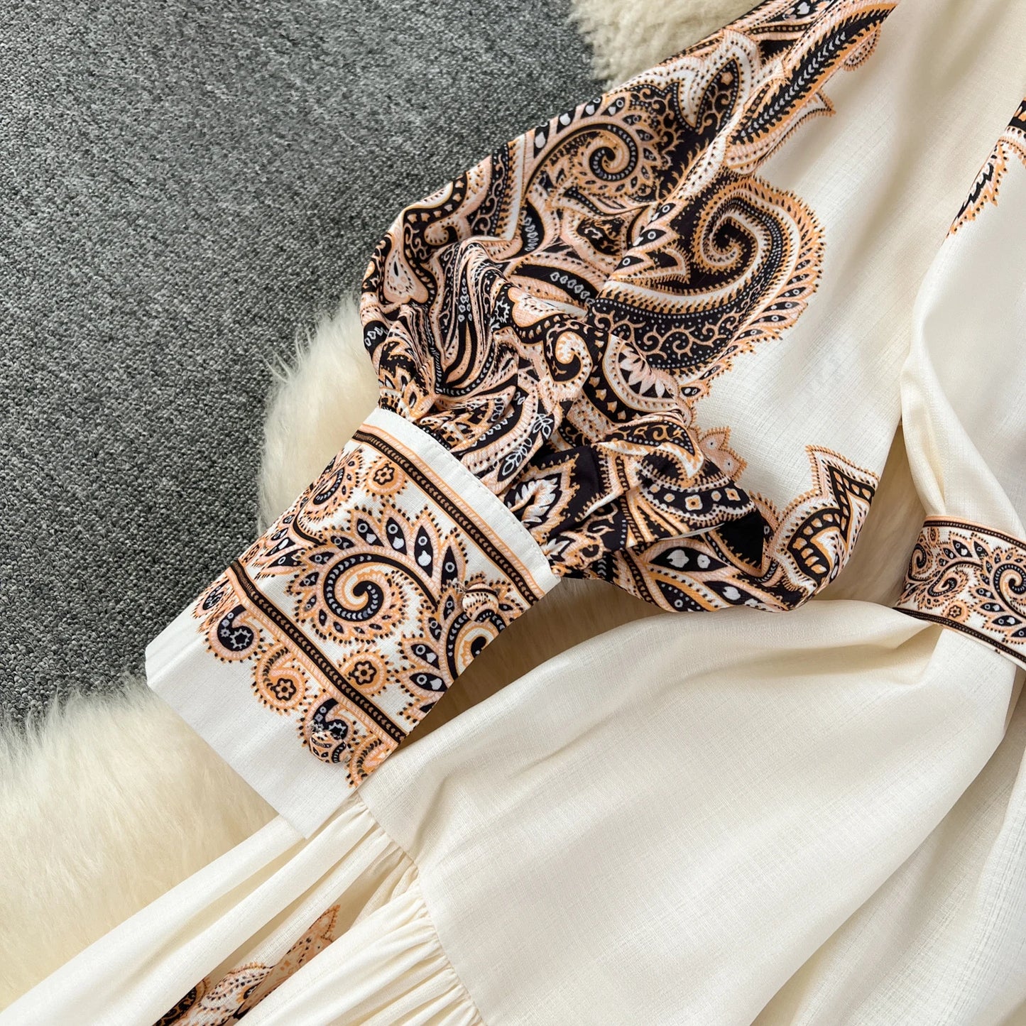 Vintage Print Elegant Half High Collar Lantern Long Sleeve Dress A-line Casual Women Fashion Autumn Spring Vestidos