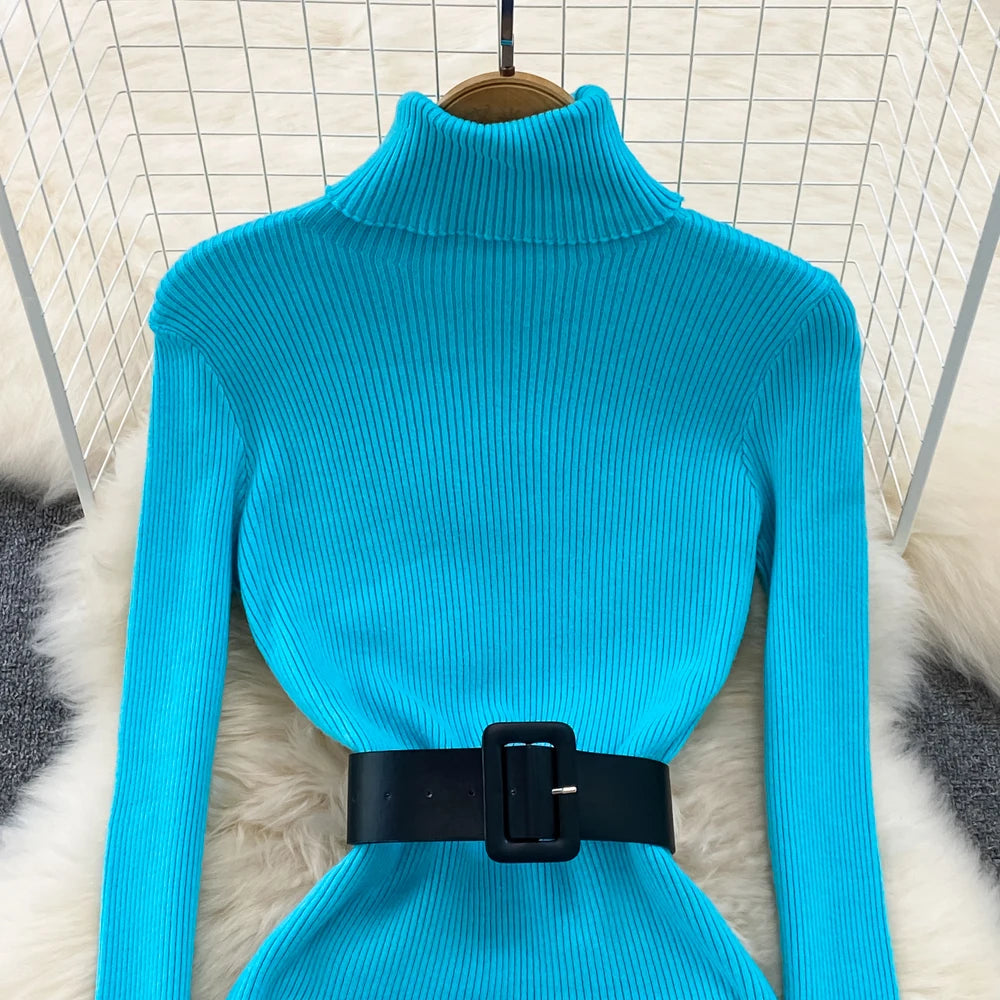 Elegant Turtleneck Long Sleeve Knit Soft Tight Pencil Dress with Belt Slim Fashion Warm Sweater Vestido Sexy Women Winter Robe