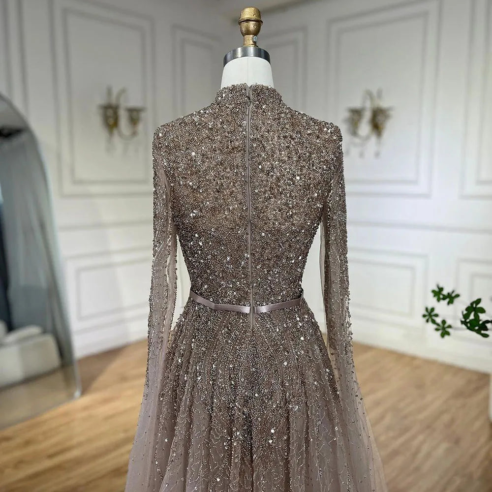 Serene Hill Blue A-Line High-end Beaded Luxury Cape Sleeves Evening Dresses Gowns 2024 For Woman Party Plus Size LA70066B