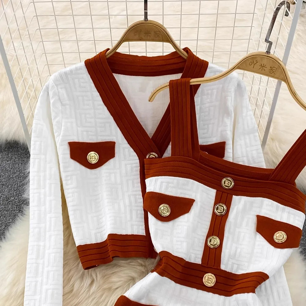 Spring Autumn New Trendy Knitted Two Piece Set for Women Vintage Elegant Slim Suits V-neck Short Cardigan+Mini Hip Wrap Dress