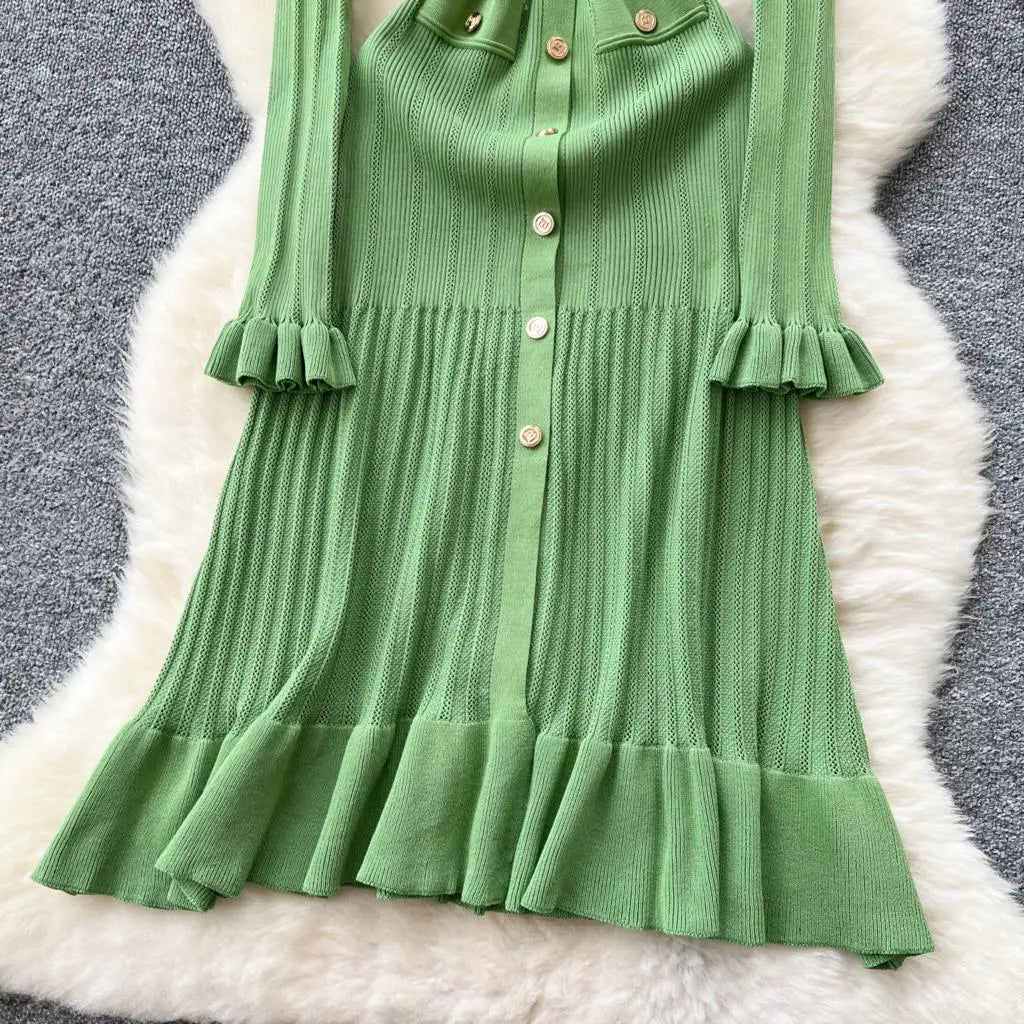 Elegant Women Solid Knitted Dresses Autumn V-Neck Single Breasted Chic Flared Sleeve Ruffles Hem Casual Female Slim Office Robes