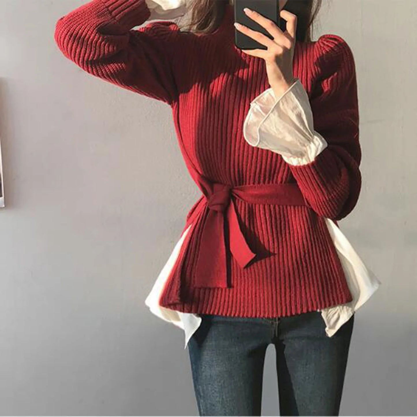 Elegant Half High Collar Strap Waist Tight Fit Design Fashionable Long Sleeve Sweater Women's Autumn/Winter New Warm Sweaters