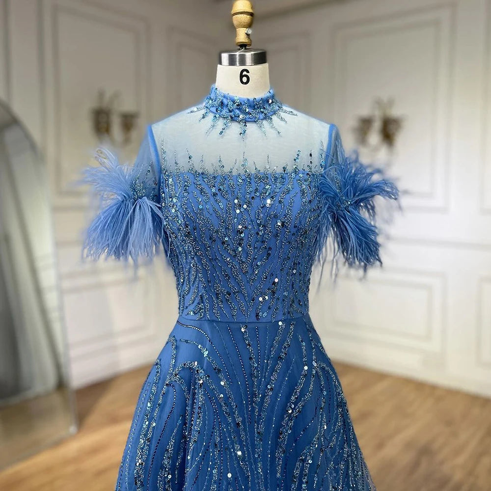 Serene Hill 2024 Arabic blue A Line Short Sleeveless Luxury Evening Dresses Beaded Feathers For Women Wedding Party LA72351