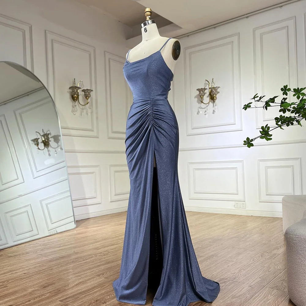 Serene Hill 2024 Saudi Arabic Blue Elegant Spaghetti Strap Mermaid Long Evening Gown with Split for Formal Occasion LA72720