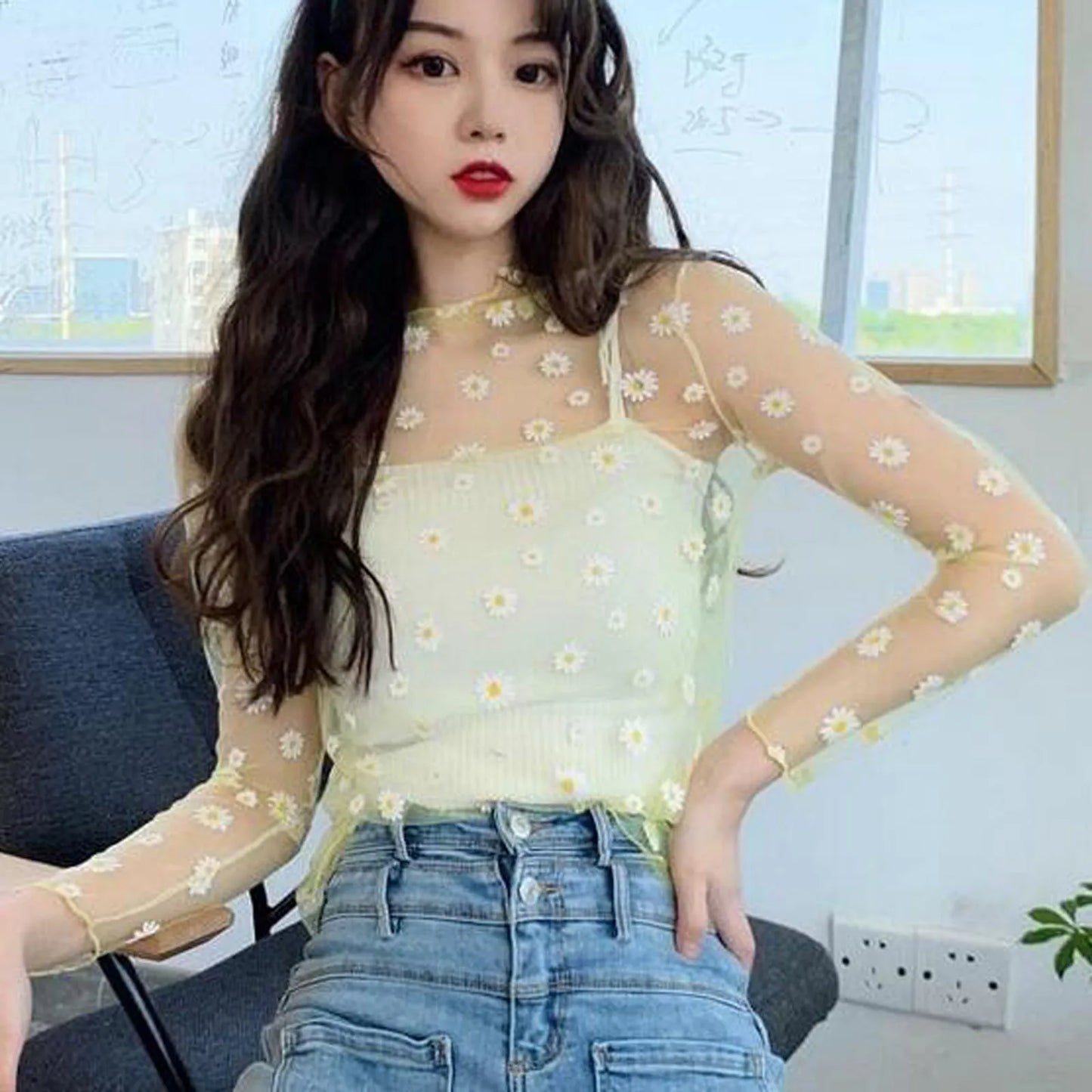 Women Daisy Print Lace Sheer Tops Sexy Tees Long Sleeve Thin Mesh Shirts Fashion Ladies Top 2023 Summer Sunscreen Blouse Blusas