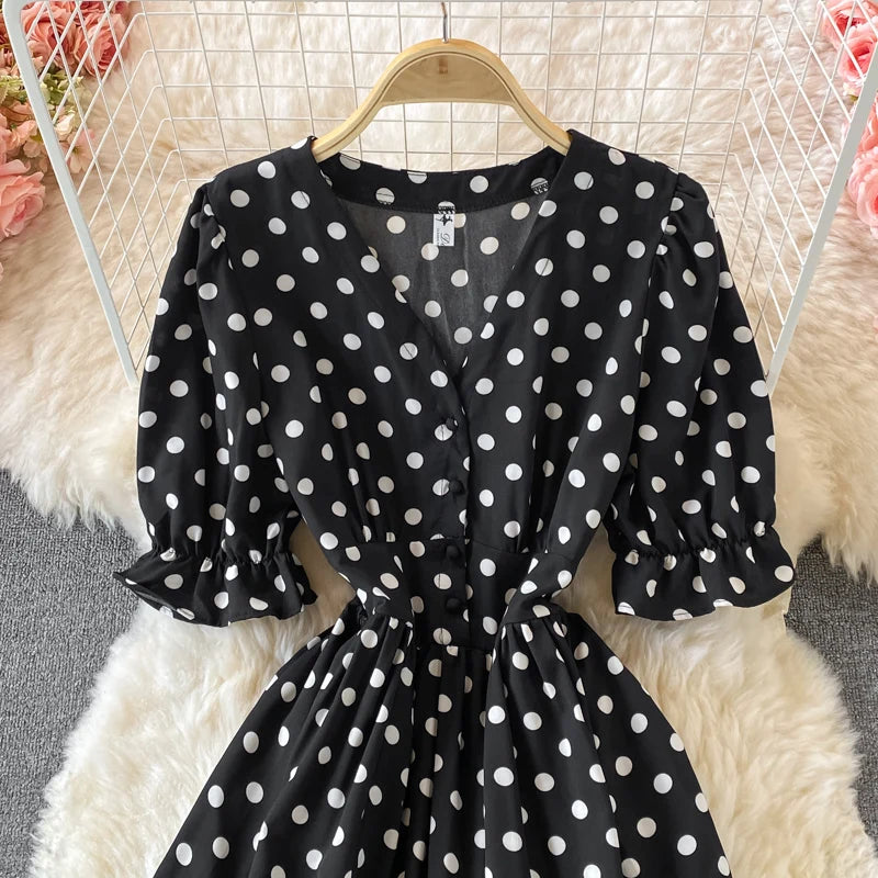 New Summer Women's Fashion Vintage Polka Dot Midi Dress Elegant and Chic A-Line Party Casual White Black Vestidos Female Robe
