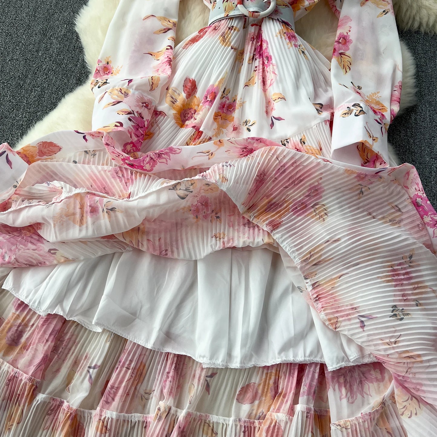 French Vintage Ruffle Lace-up Bow Puff Sleeves Long Sleeves Dress korean fashion Casual Women Fashion summer dresses