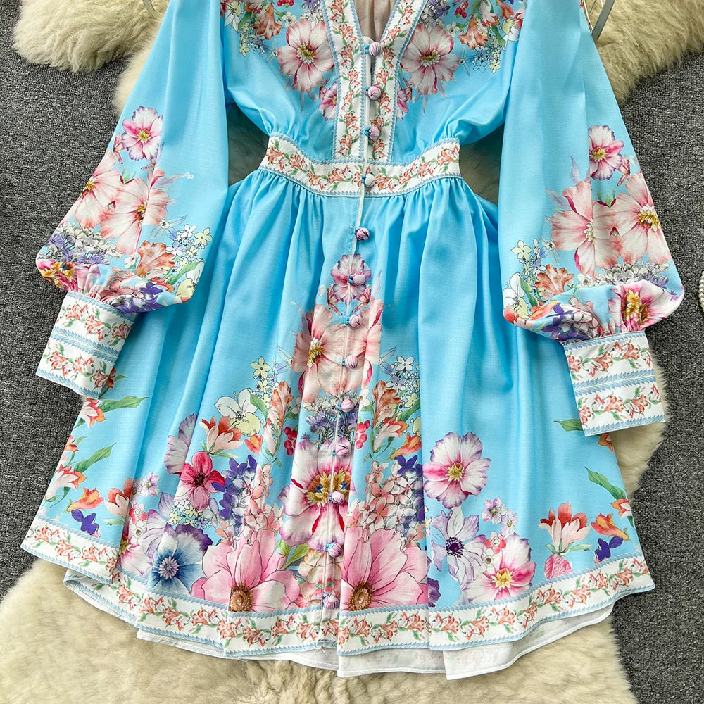 Spring Dresses 2024 Women Fashion Elegant Vintage Floral Print Dress V Neck Front Button Up Long Sleeve Holiday Mini Dress Woman