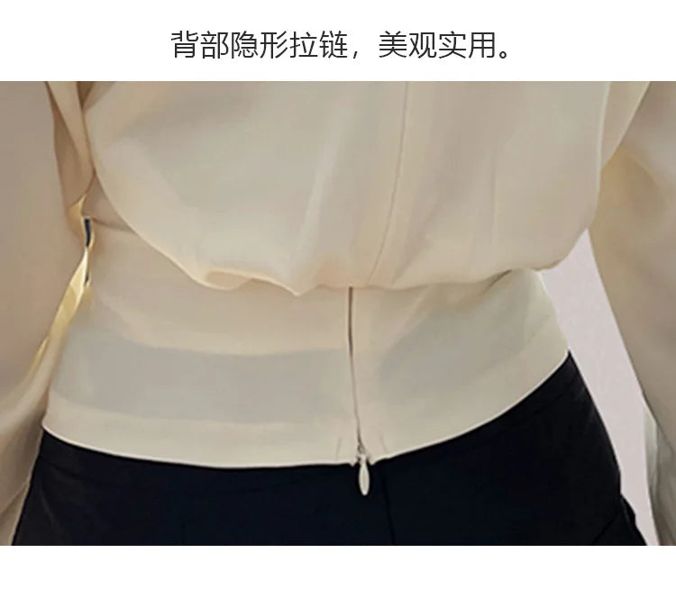 Autumn New Women's Long sleeved V-neck Shirt Top Short French Elegant Temperament Satin Effect Slimming Shirt Blouse