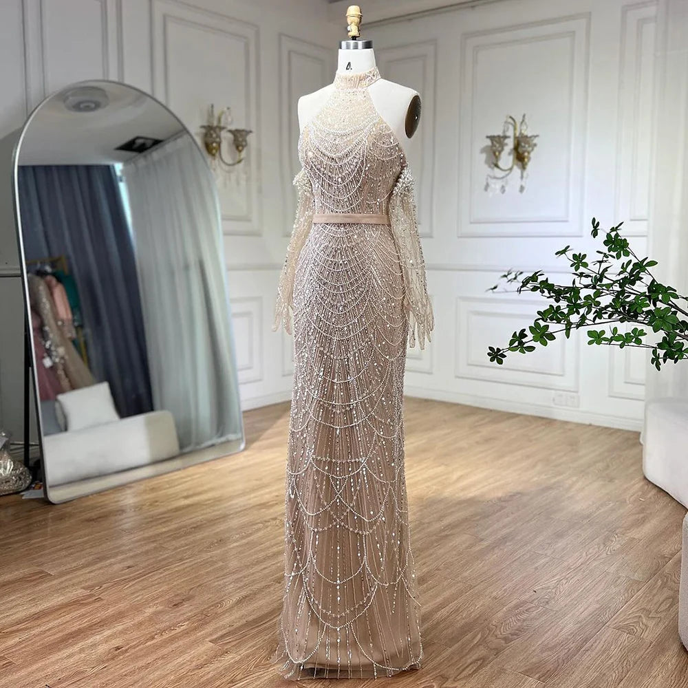 SERENE HILL Dubai Arabic Nude Mermaid With Gloves Luxury Beaded Evening Dresses Gowns 2024 For Women Wedding Party GLA72032A