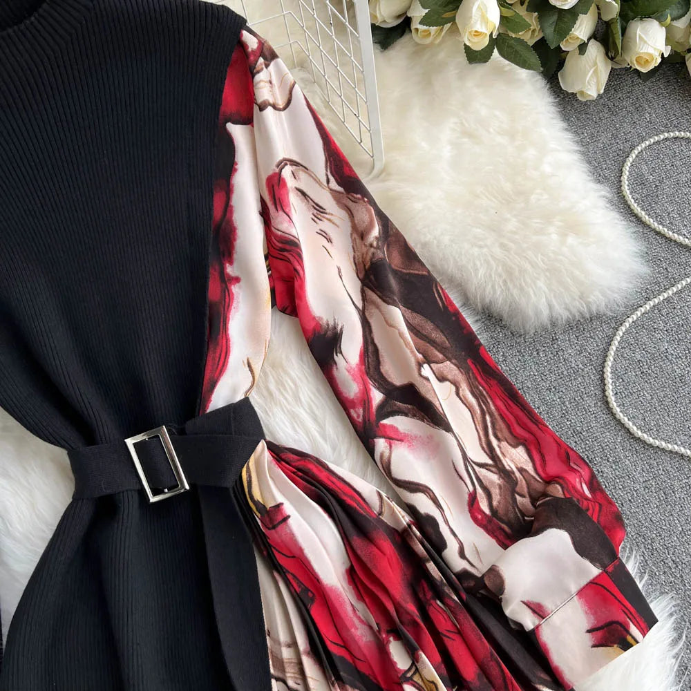 Elegant Chic Print Patchwork Knit Dress French Long Sleeve Party A-line Vestidos High Waist Basic Slim Women Autumn Winter Dress