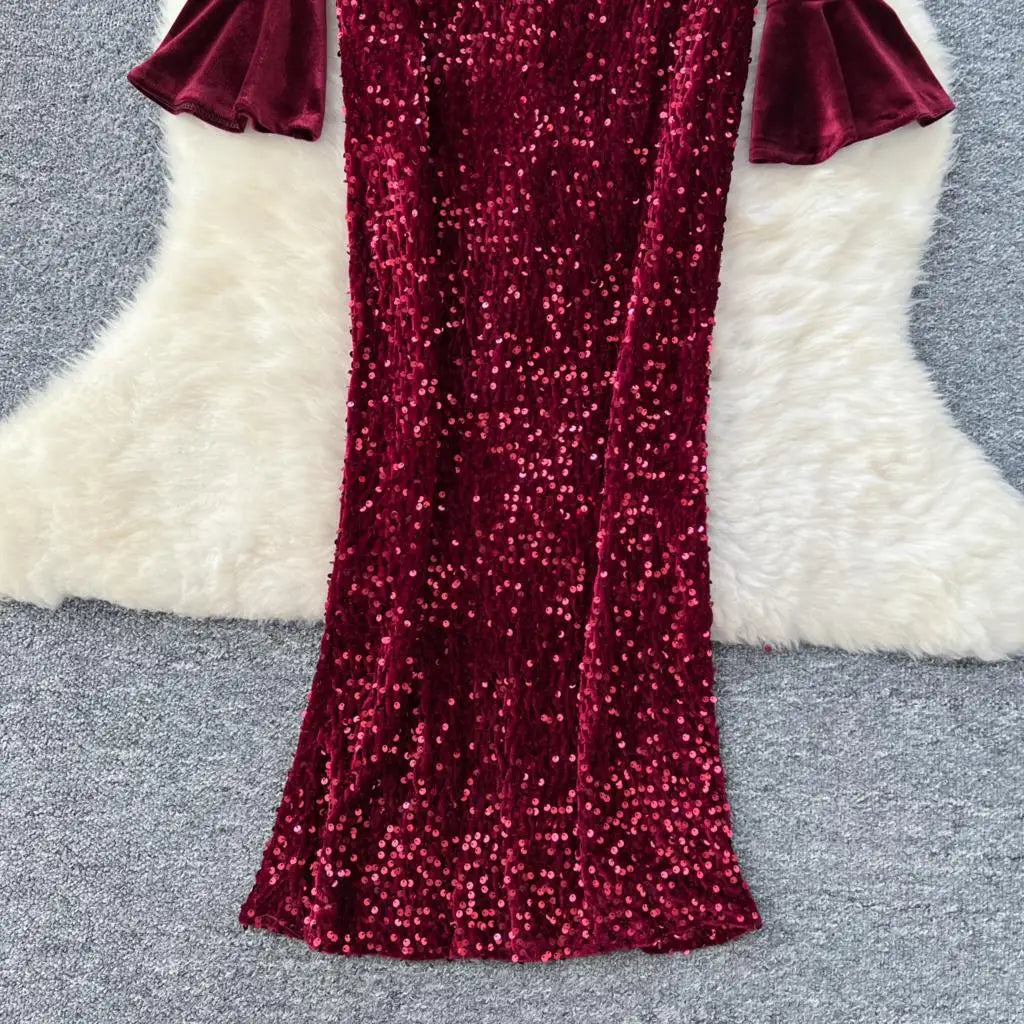 Women's Sexy Velvet Evening Gown Luxury Dresses V-Neck Flare Sleeve Split Long Dress Fashion Slim Robe Birthday Party Autumn New