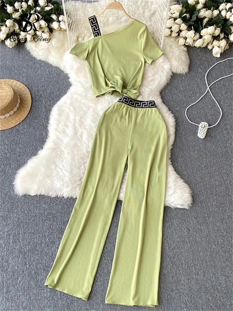 SINGREINY Vacation Casual Sports Suits Summer Off Shoulder Short Camis Tops+High Waist Wide Leg Pants Women Y2K Two Pieces Sets