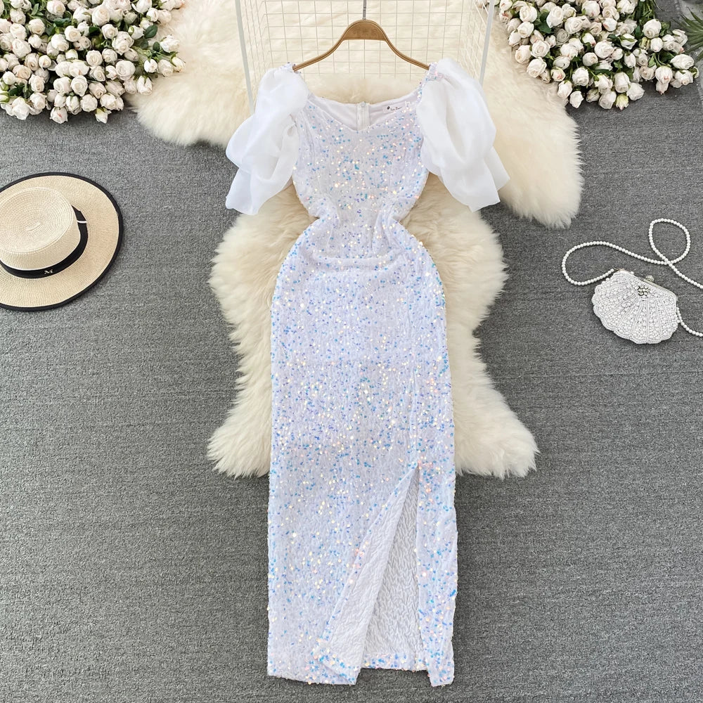 Elegant Square Collar Slim Sequin Women Dresses Luxury High Waist Long Banquet Dress Sexy High Slit Temperament Celebrity Gowns